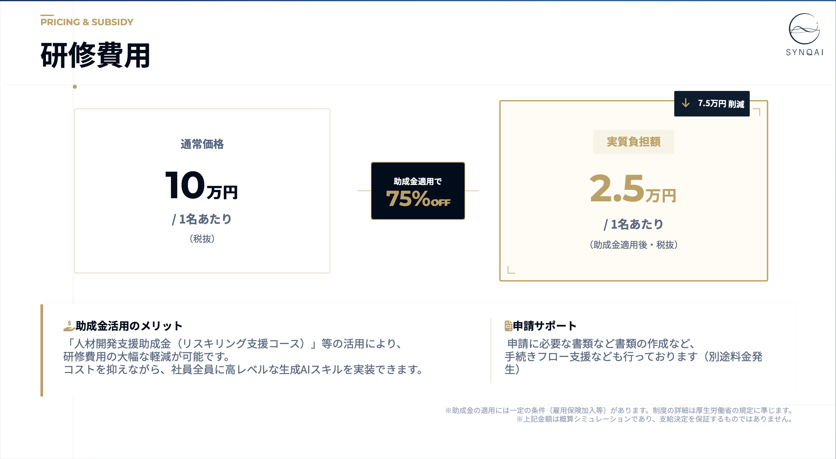 2日間研修 料金（通常10万円→助成金適用で2.5万円）