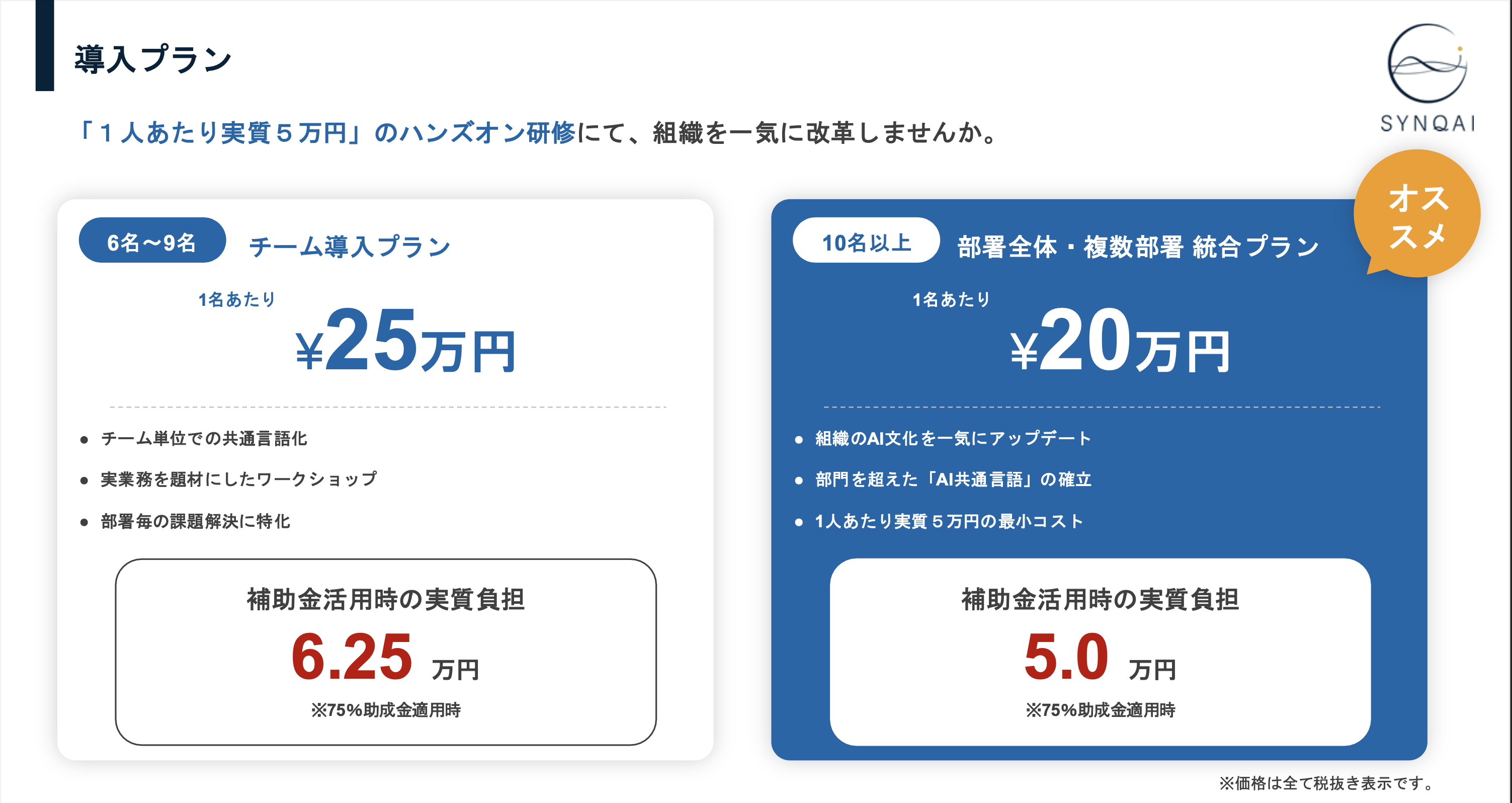 5日間研修 料金プラン（25万円/20万円プラン）